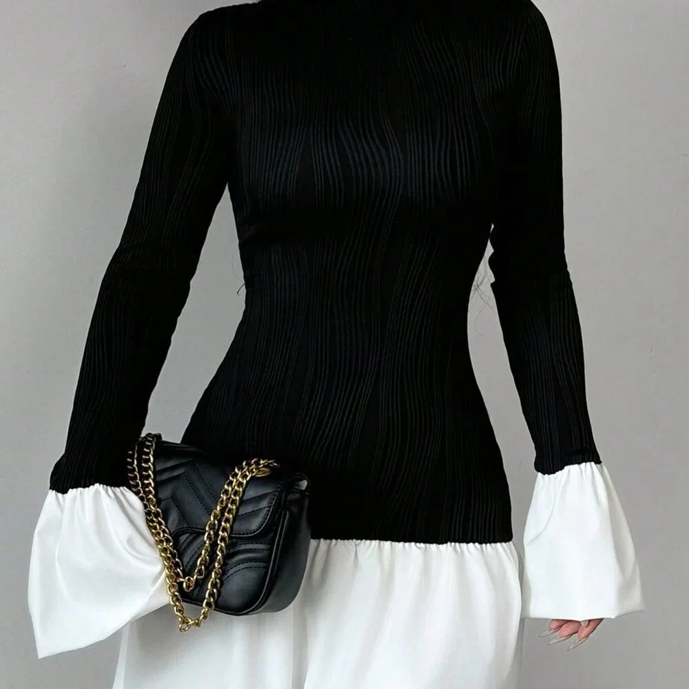 Black And White Elegant Women's Romantic Round Neck Contrast Color Dress - Picture 5 of 5